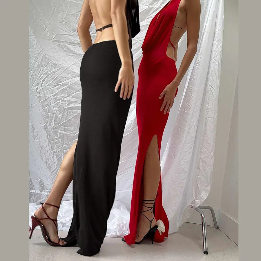 Women's Halter Backless Split Maxi Deep V Neck Long Dress