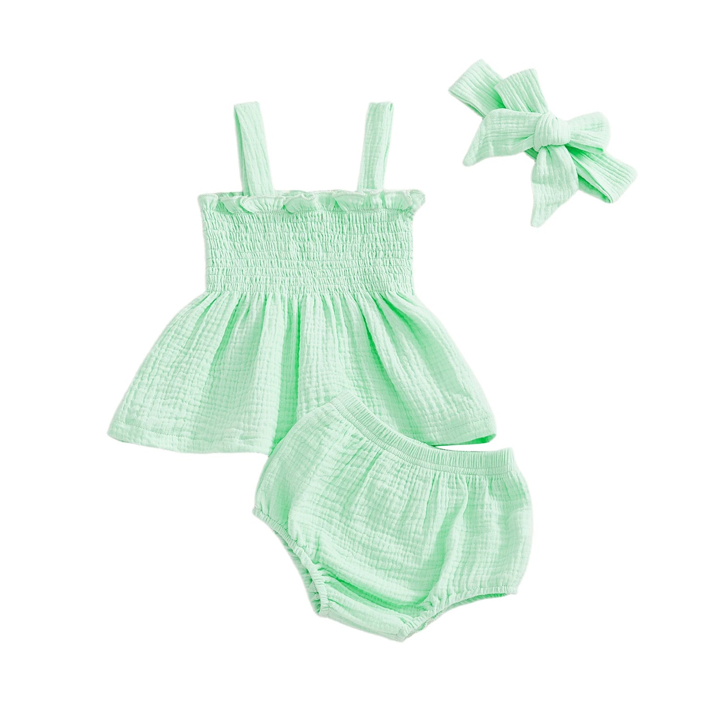 Baby Girls Summer Outfit Set - Ruffled Smocked Top, Shorts & Headband (0-24M)