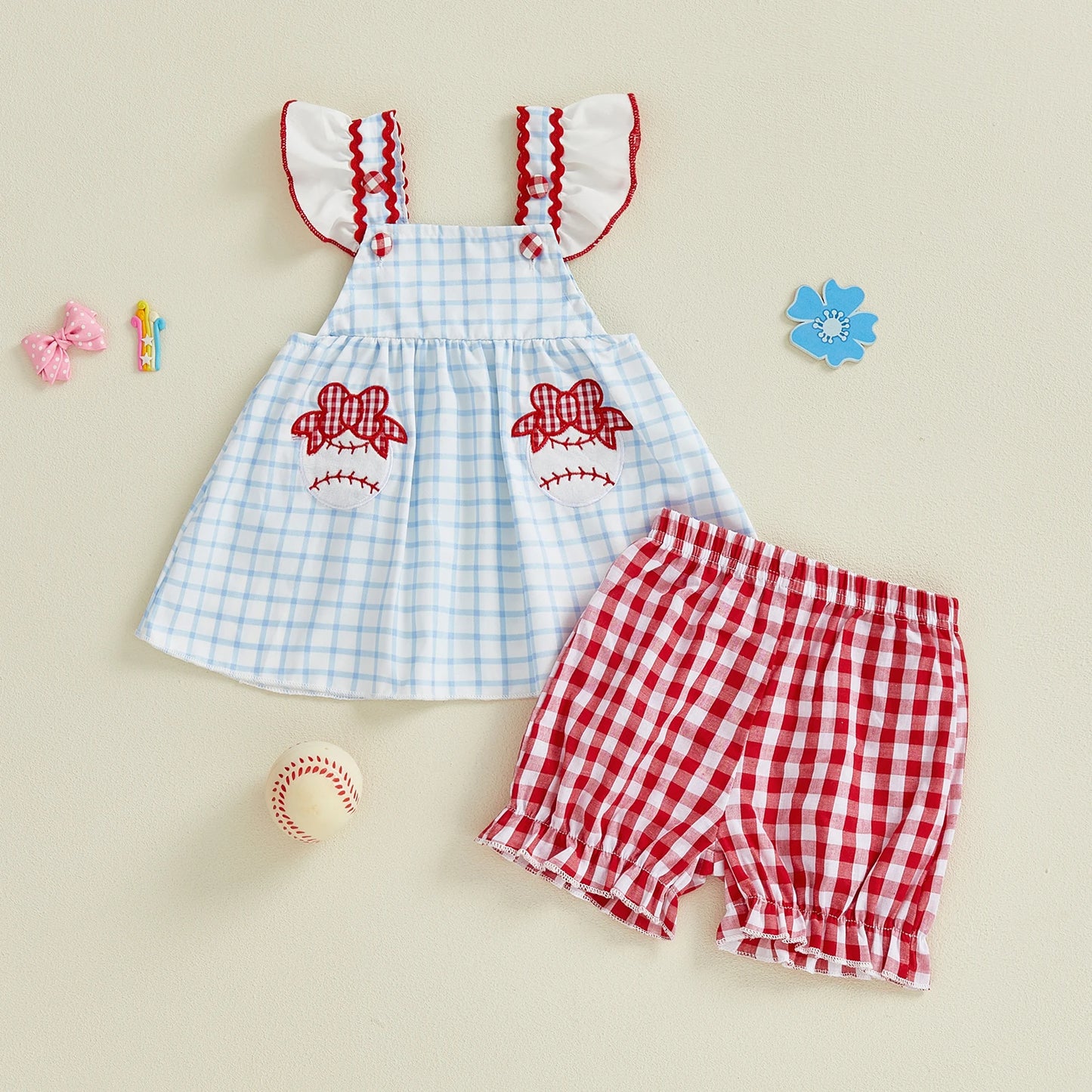 Toddler Girls 2-Piece Outfit Set - Plaid Baseball Embroidery Top & Shorts