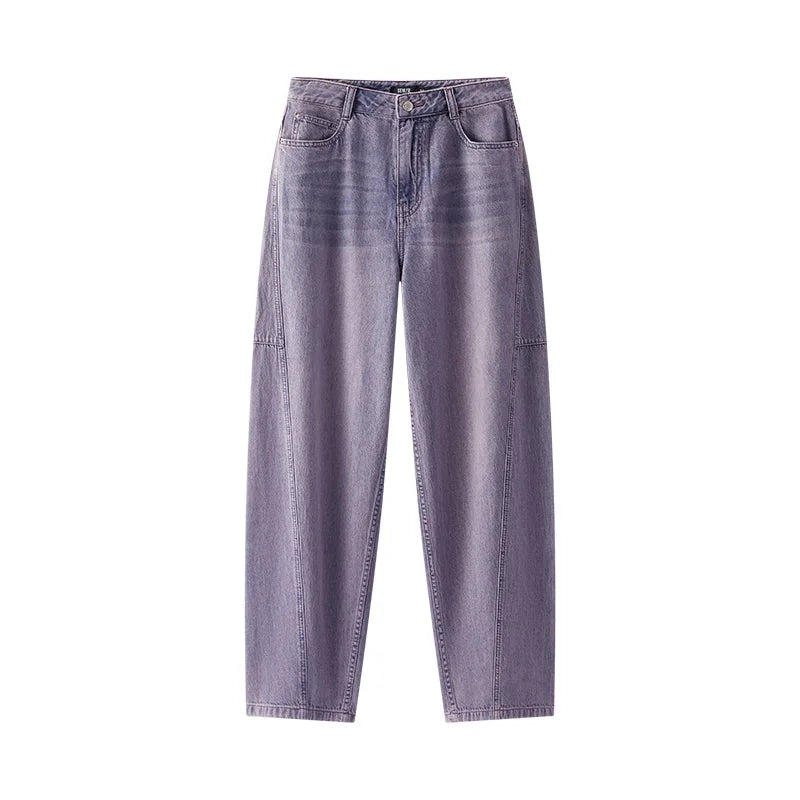 Women's Vintage Cotton Wide Leg Jeans - Curved Hem Retro Style