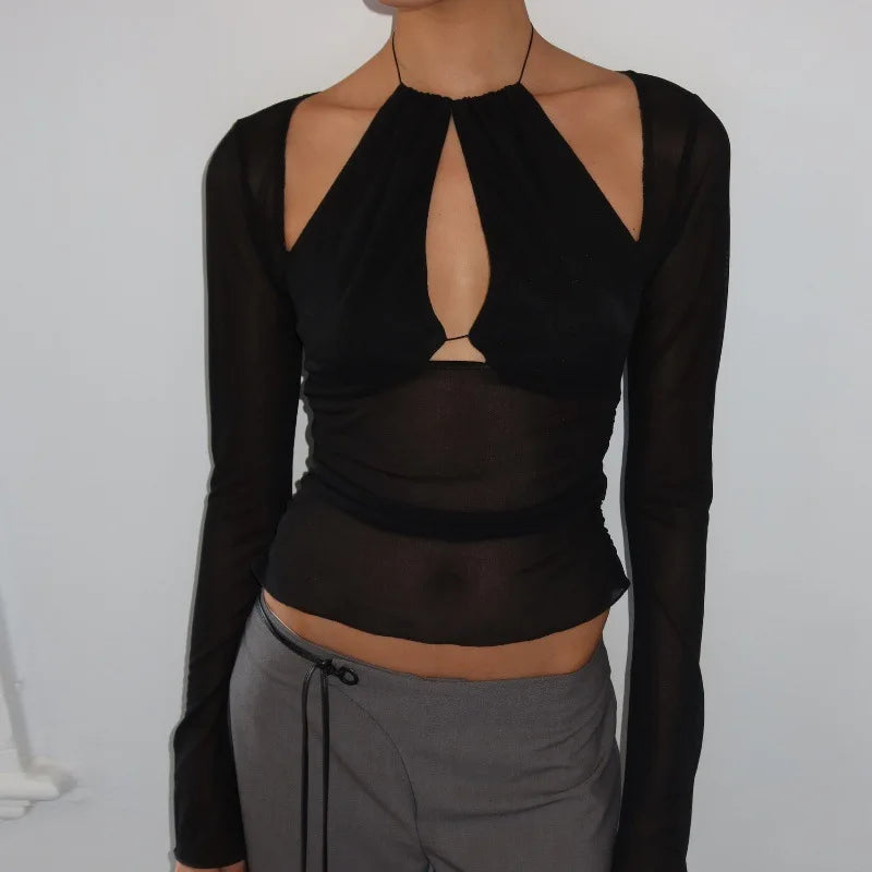 Women's Mesh See Through Long Sleeve Top - Asymmetrical Halter Style