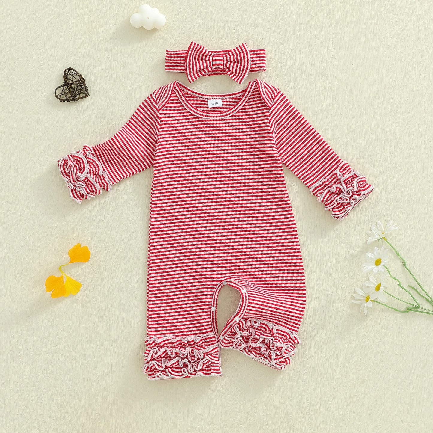 Baby Girls Striped Romper Outfit - Long Sleeve Full Length Jumpsuit with Bow Headband (0-18M)