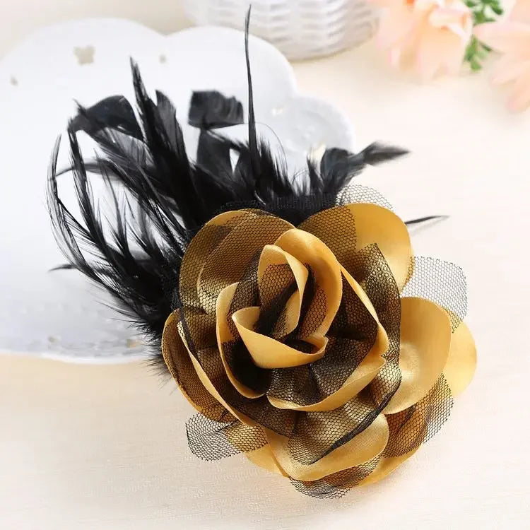 Feather Corsage Brooch - Handmade Fabric Flower Wedding Lapel Pin