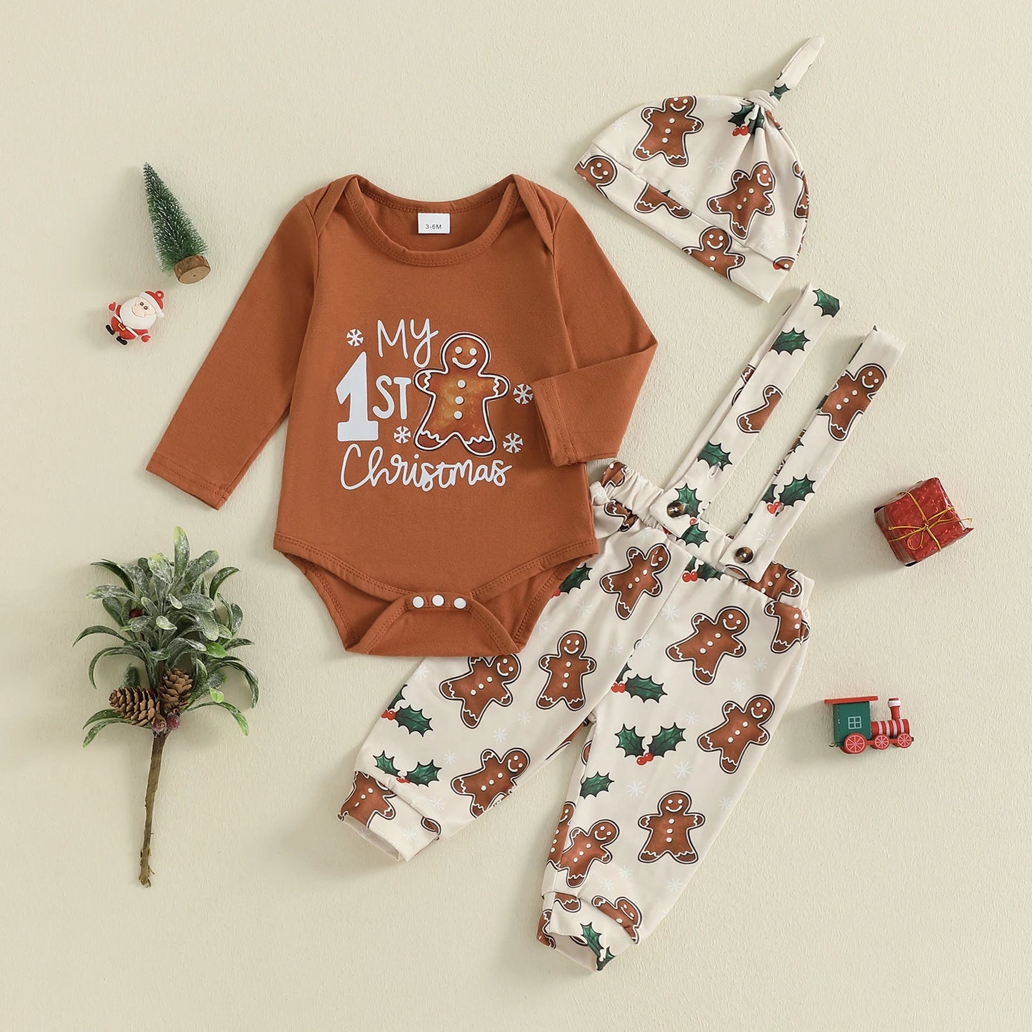 Christmas Baby Boys 3-Piece Outfit Set - Printed Romper, Overalls & Hat (0-18M)