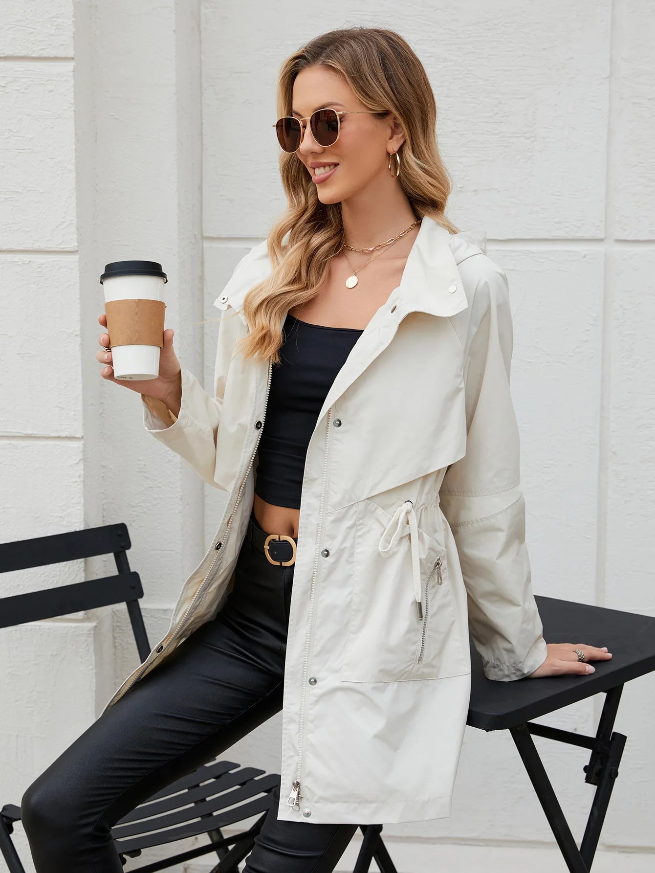 Hooded Trench Coat with Drawstring Waist