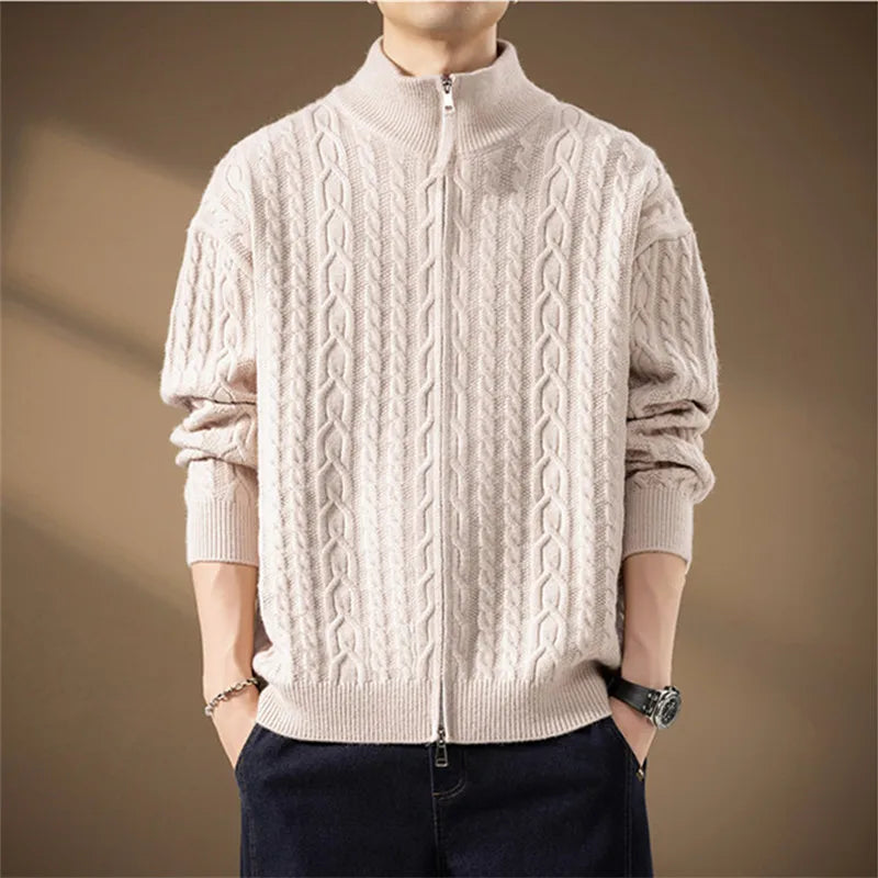 Men's Stand Collar Knitted Cardigan Sweatercoat Loose Fit Warm Casual Jacket