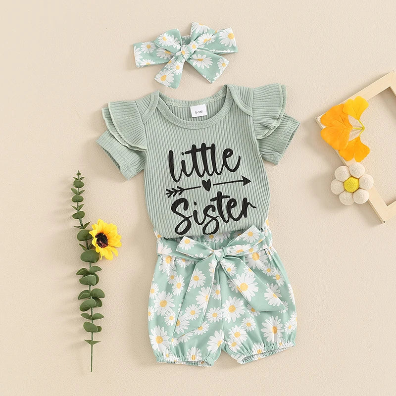 0-24M Baby Girls Summer Clothes Sets 3pcs Letter Print Short Sleeve Romper Sunflowers Shorts with Belt Headband