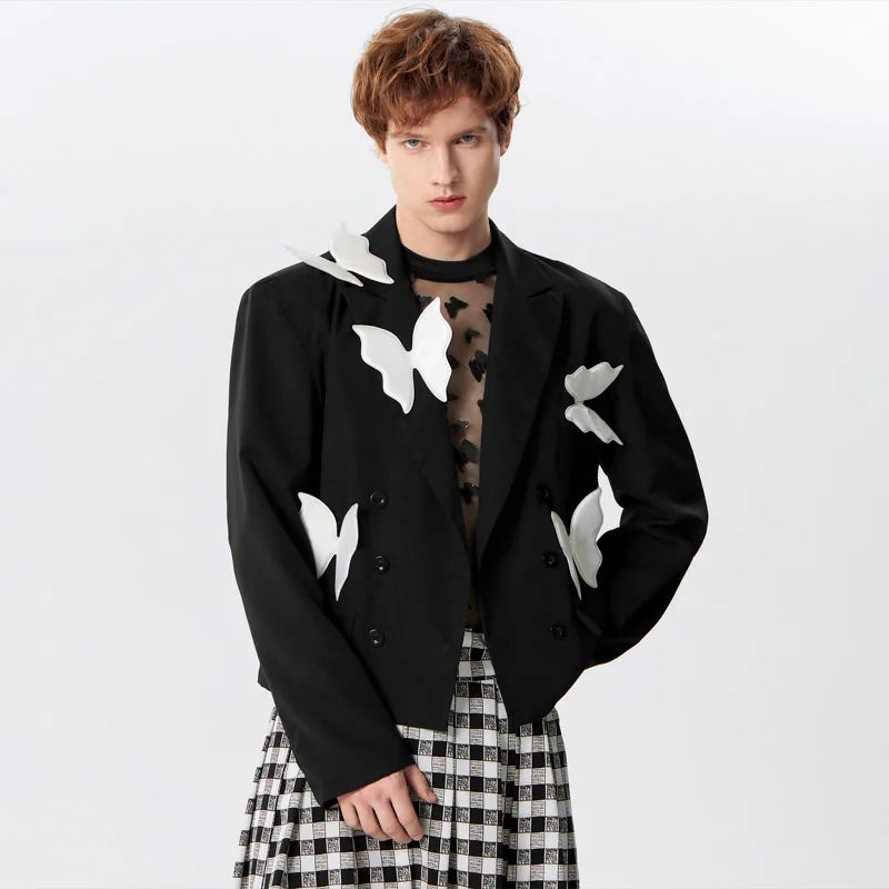 Men's Blazer Patchwork Lapel Long Sleeve Double Breasted Loose Jacket