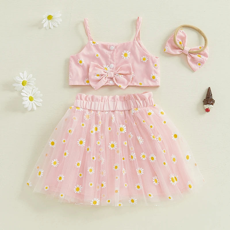 0-3Y Toddler Baby Girls Summer Clothes Sets Sunflowers Print Spaghetti Strap Top and Tulle Skirt Bow Headband