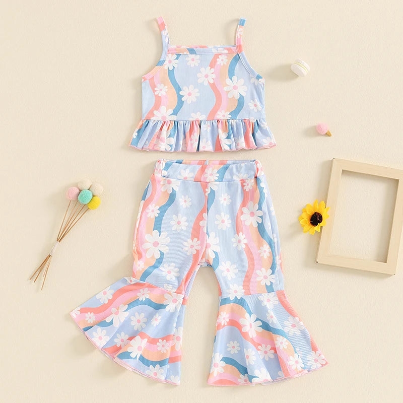 0-4Y Toddler Little Girls Summer Clothes Sets 2pcs Ruffles Sleeveless Wave Stripe Floral Print Ribbed Tank Flare Trousers