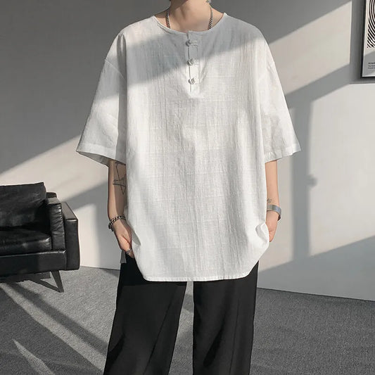 Men's Summer Cotton Linen Half Sleeve Breathable Round-Neck Loose Casual T-shirt