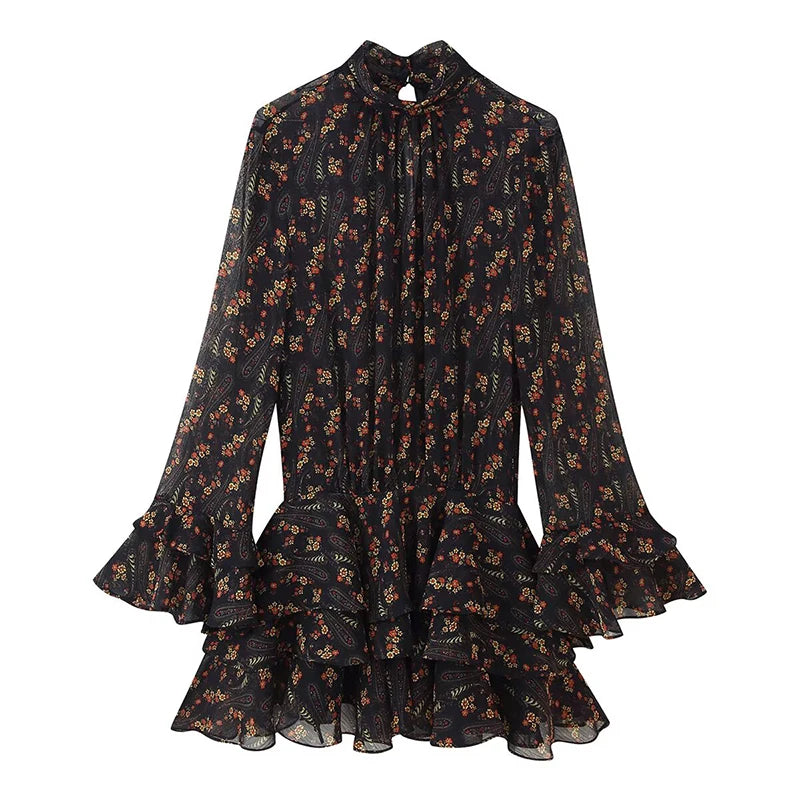 Floral Print High Neck Mini Dress - Long Sleeve Spring Autumn Dress
