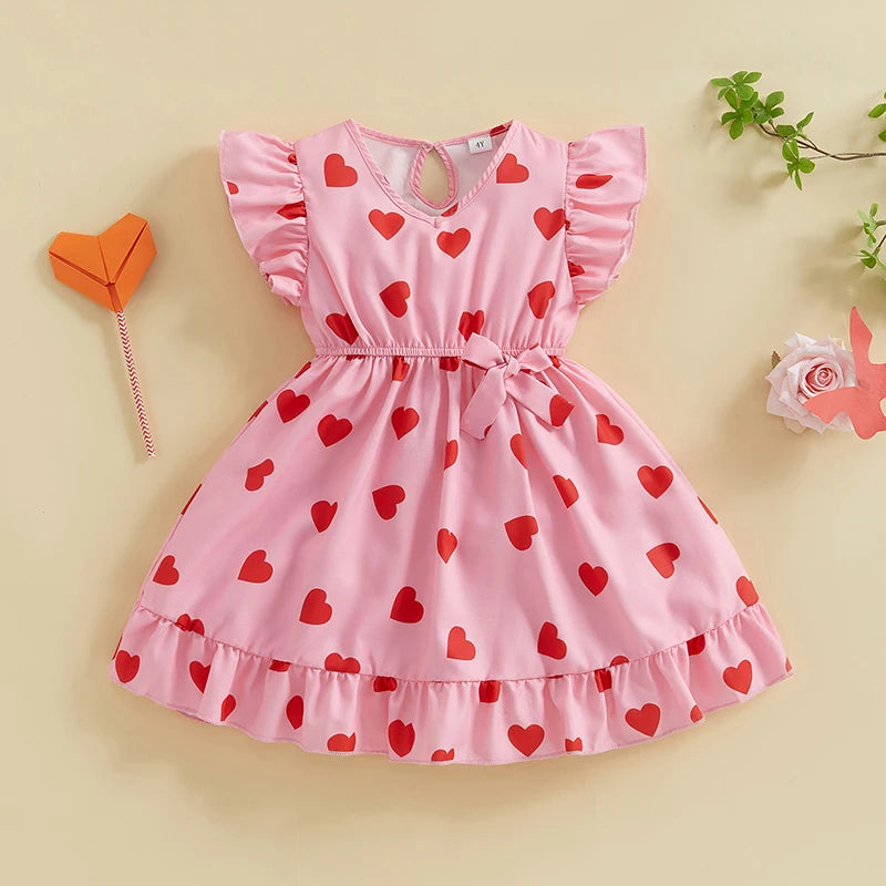 Girls' Valentine's Heart Print Dress - Flutter Sleeve V-Neck A-Line Dress