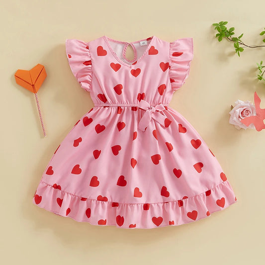 Girls' Valentine's Heart Print Dress - Flutter Sleeve V-Neck A-Line Dress