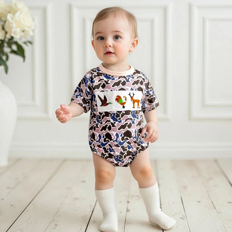 0-18M Summer Casual Baby Boys Romper Camouflage Print Short Sleeve Animal Embroidery Round Neck Jumpsuit