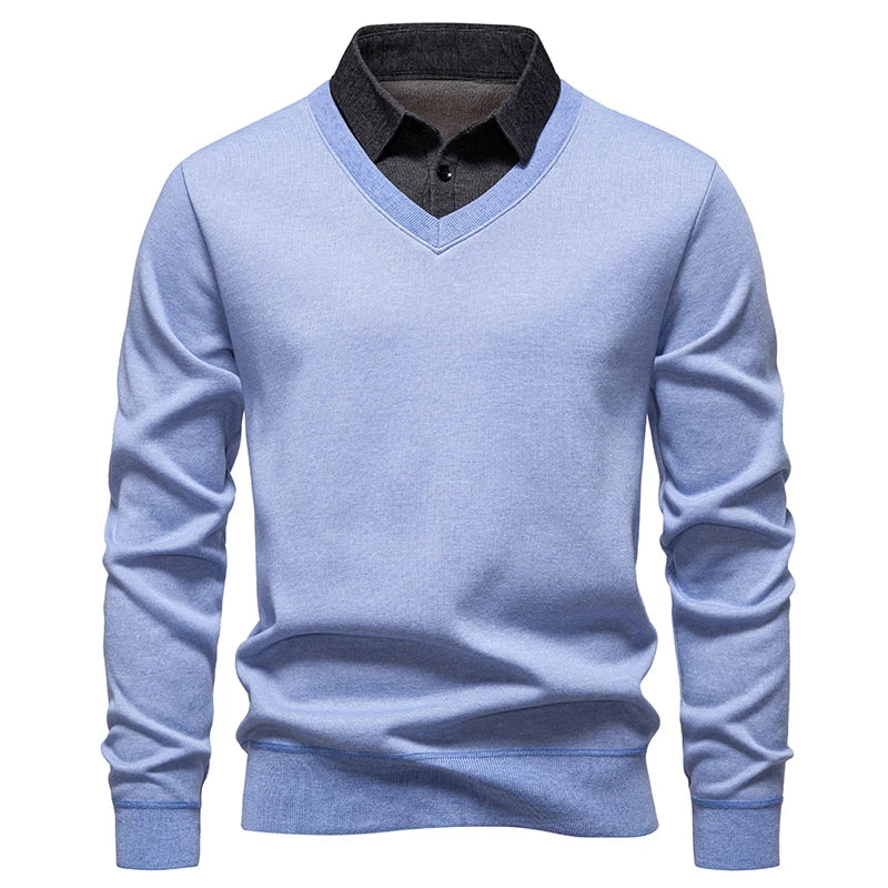 Men's Fake Two-Piece Knitted Pullover - Slim Fit Turn Down Collar Sweater