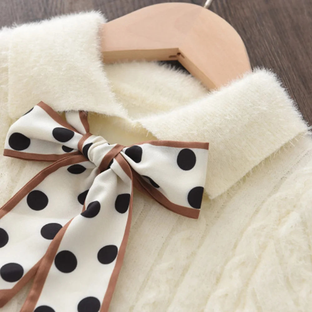 Children's Girl's  Thick Collar Sweater Spotted Bow Collar Pleated Knit Dress