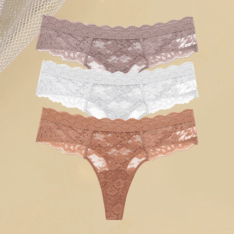 3Pcs Women's Lace Hollow Out Underwear Floral Print Panties Low-Waist Thong Breathable G-string Lingerie