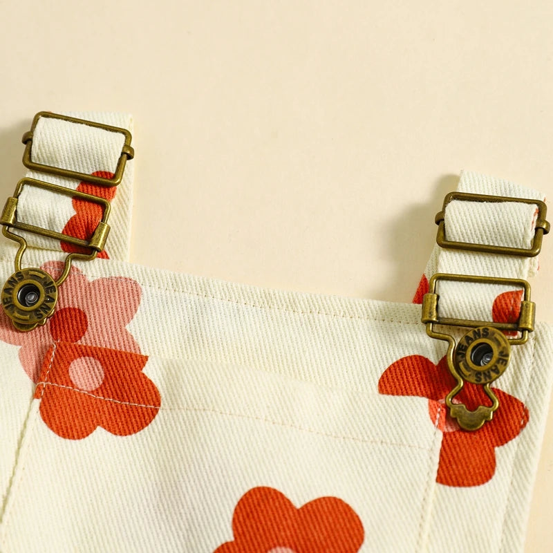 0-6Y Girls Denim Overalls Shorts Sleeveless Flower/Strawberry Print Strap Jeans Suspender Outfit