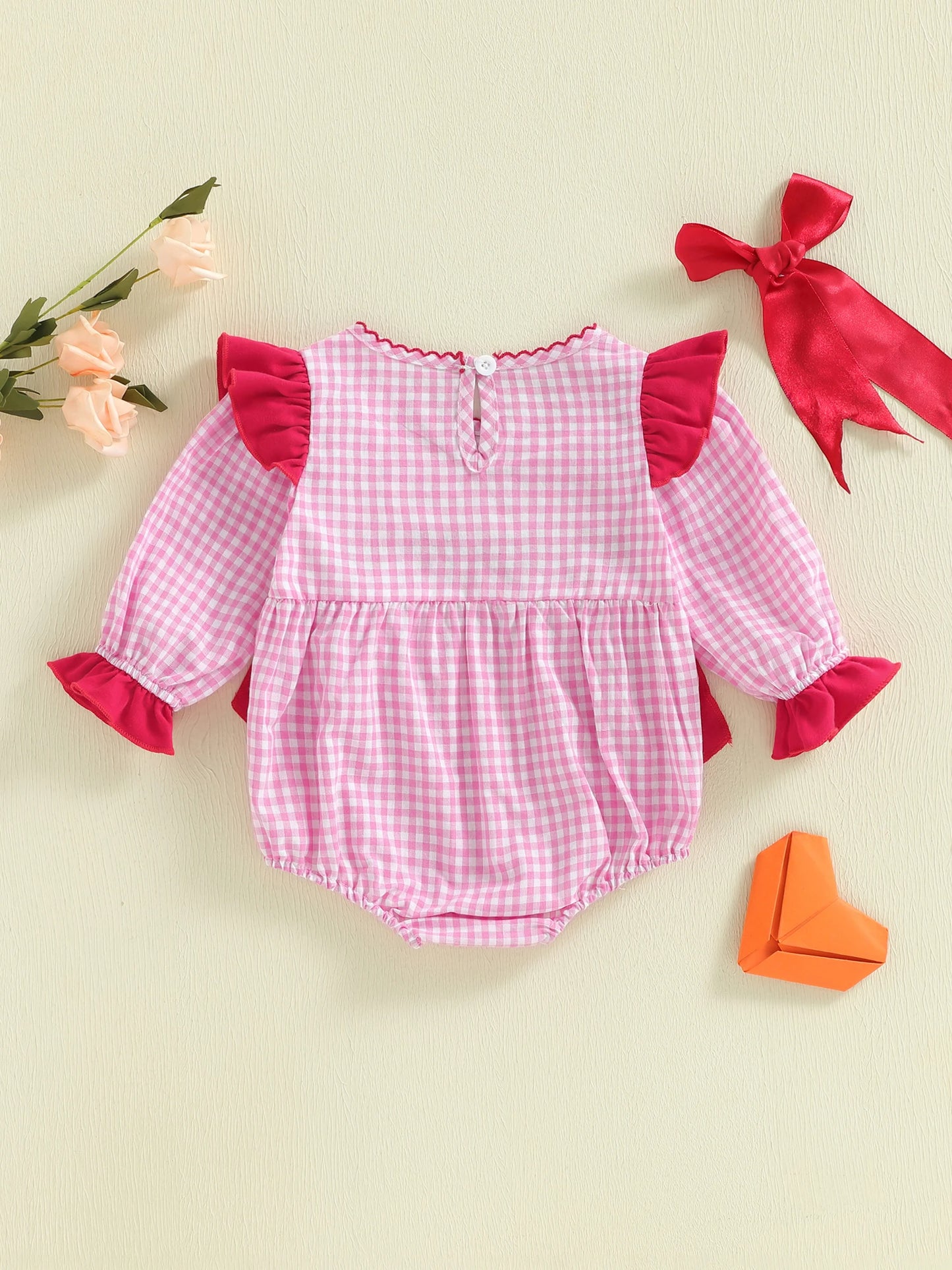 Baby Girls Boys Valentine's Day Plaid Print Bow Heart Embroidered Long Sleeve Romper