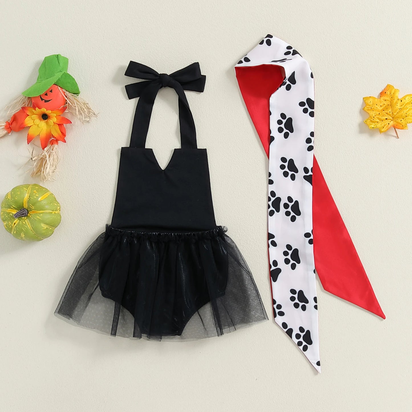 0-3Y Girls Halloween Cosplay Costume Romper Set - Sleeveless Tulle Jumpsuits Dress & Scarf Set