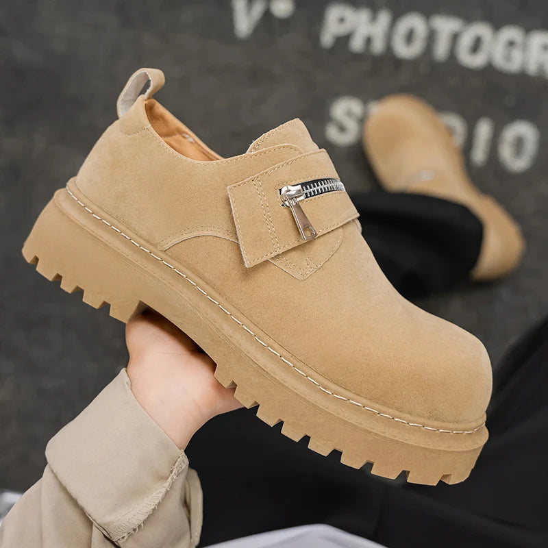 Men's Suede Leather Platform Work Shoes - Zipper Business Sneakers