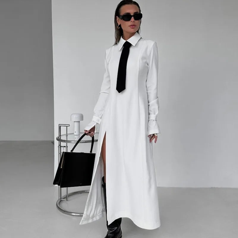 Women's Side Slit Long Turn Collar Tie Midi Loose Slender Dress