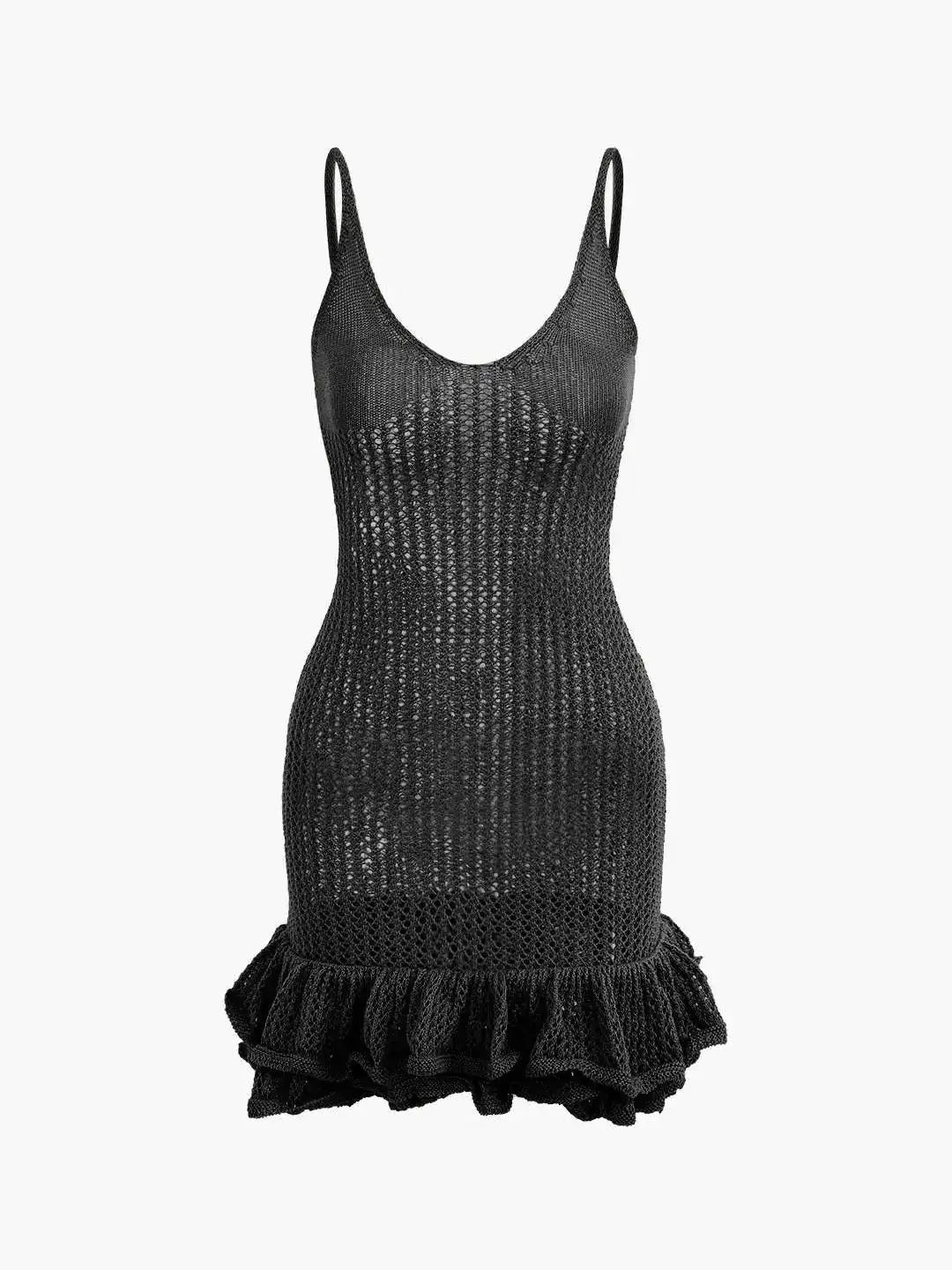 Women's Crochet Knit Mini Dress - Sleeveless Ruffle Hem Cover Up