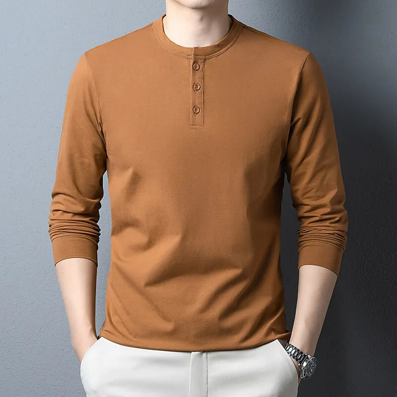 Men's Cotton Henry Collar T-Shirt - Smart Casual Slim Fit Breathable Tee