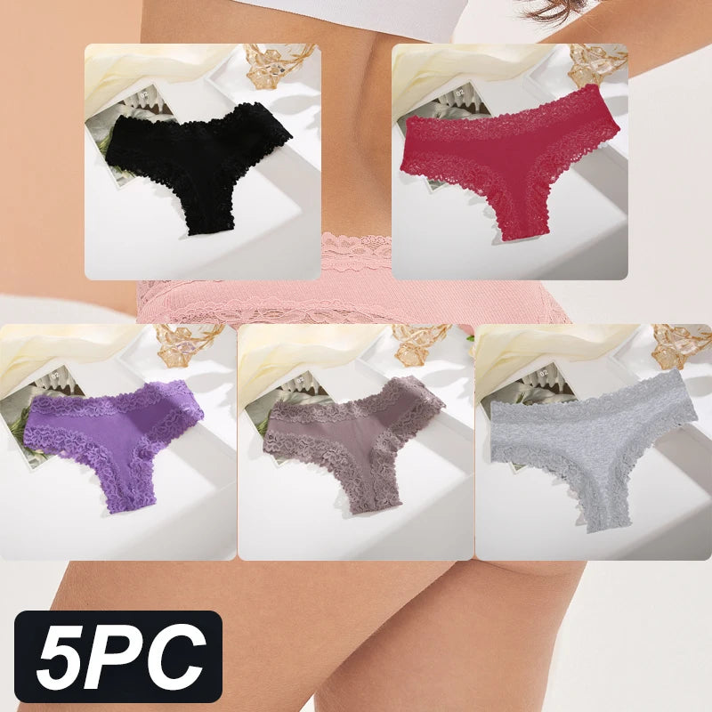 5PCS Women Cotton Lace Underwear Low Waist Briefs Breathable G-String Lingerie