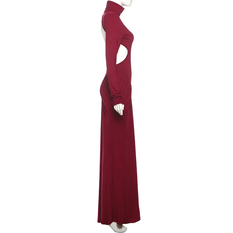 Women's Ruched Long Sleeve Maxi Dress - Elegant Backless Evening Gown