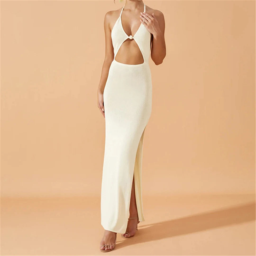Knit Halter V Neck Slit Beach Maxi Dress Cover Up