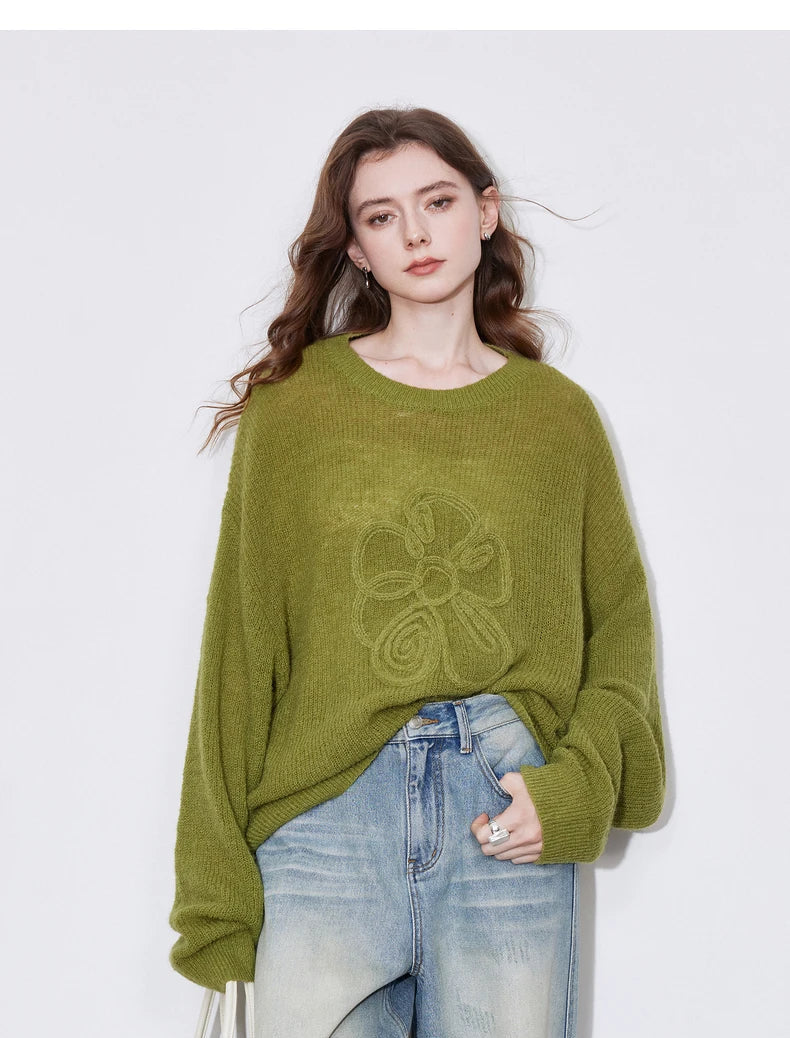 Women Knitted Flower Pattern Horse Hairy Long Sleeve Lazy Style Pullover Sweater