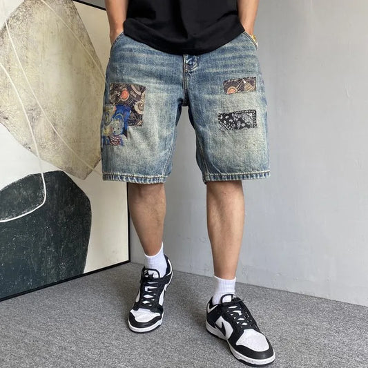 Men's Summer American Casual Embroidery Patch Vintage Denim Shorts