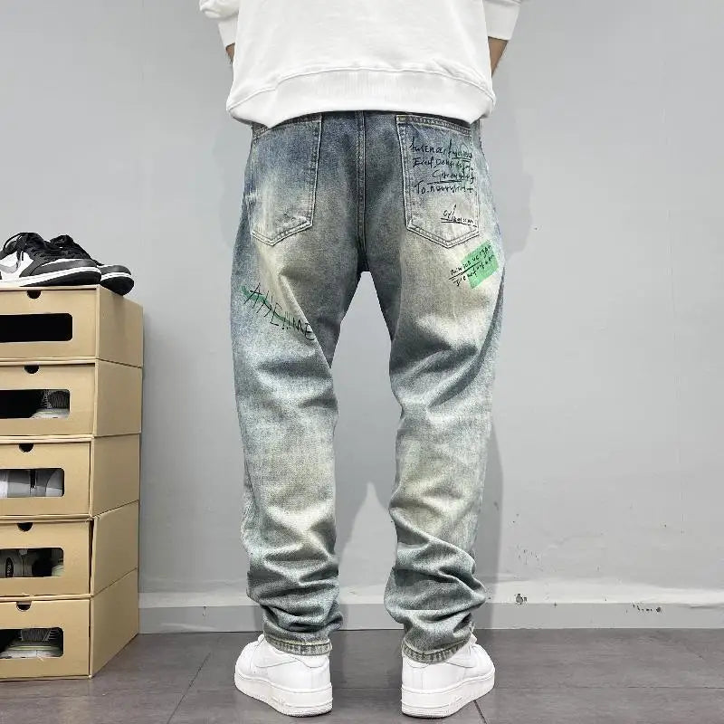 Men's Retro Print Straight Jeans - Loose Fit Hip-Hop