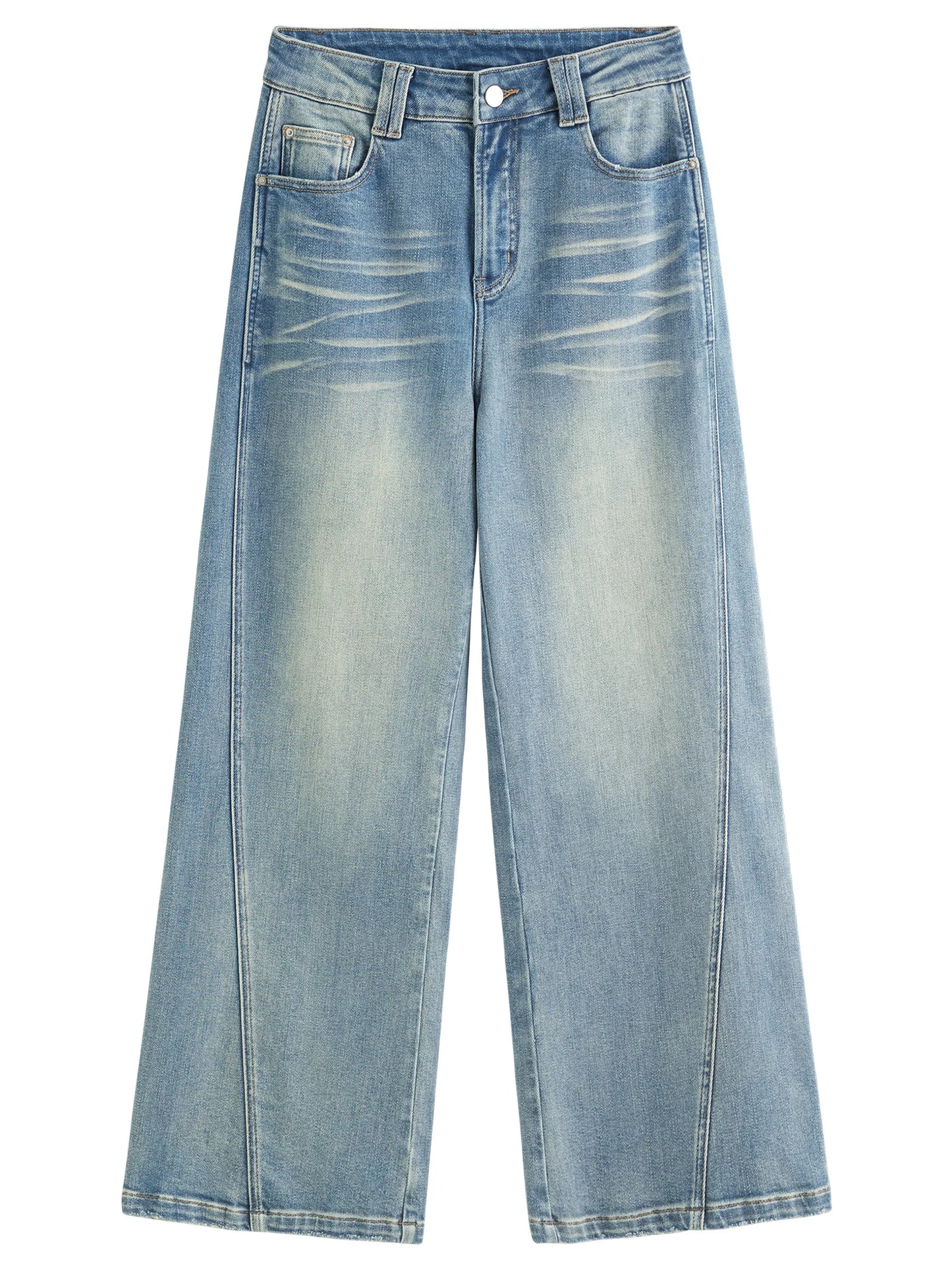 Plus Size Retro Washed Blue Straight Jeans - High Waist Wide Leg Design
