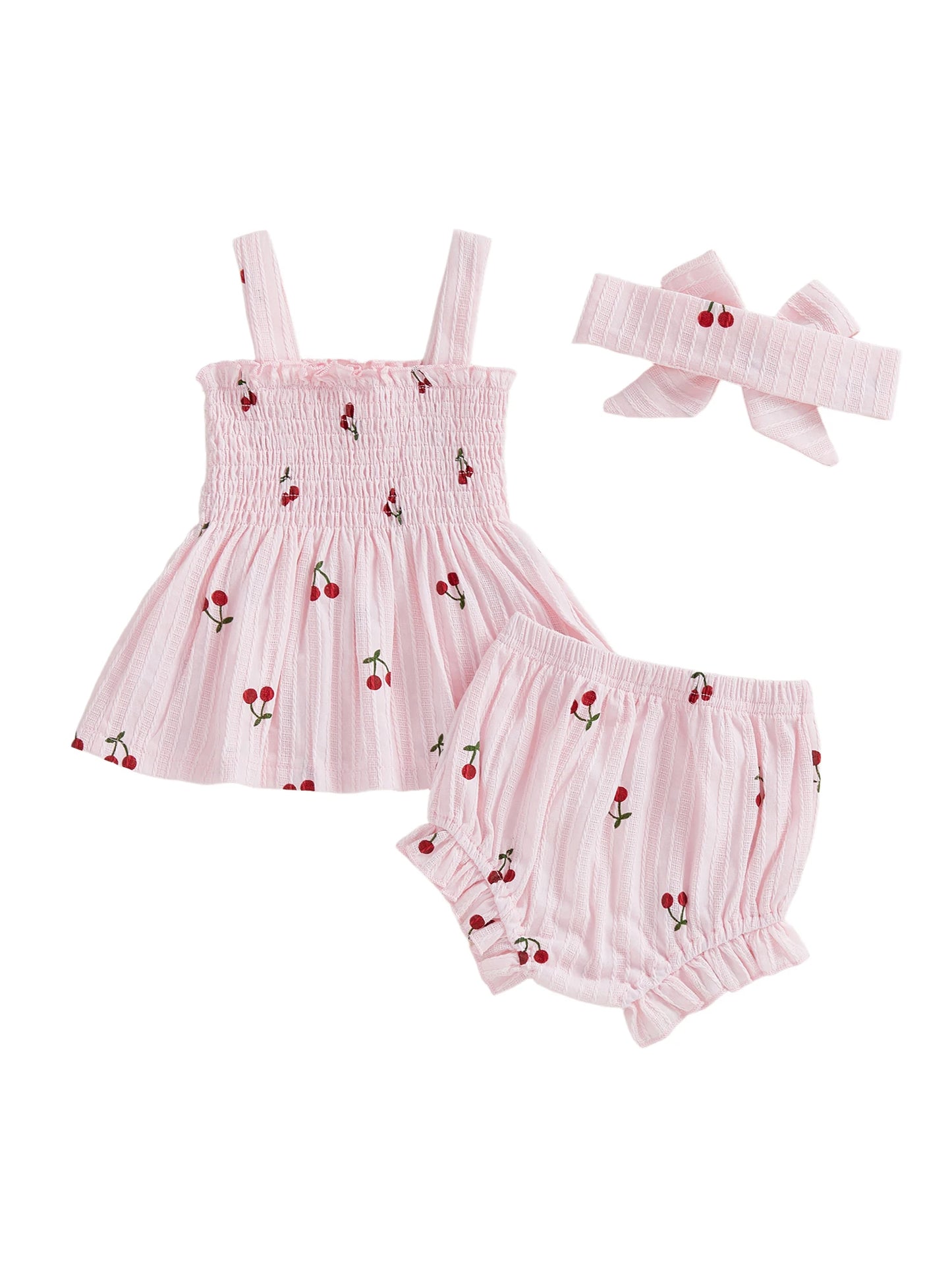 Baby Girls Summer Outfit Set - Cherry Print Square Collar Top with Ruffled Shorts & Headband 0-24M