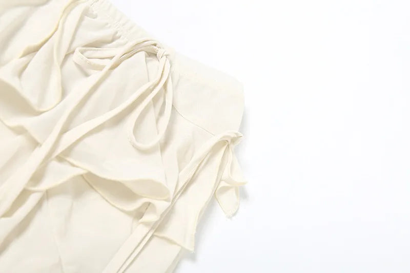 Women's Ruffled Tie Detail Flared Pants - Mesh Sheer Stretch Trousers