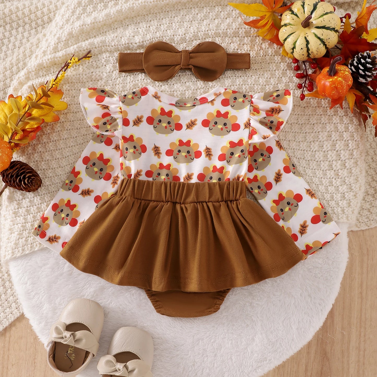 2-Piece Baby Girls Holiday Romper Dress Set 0-18M - Thanksgiving/Christmas Print with Headband