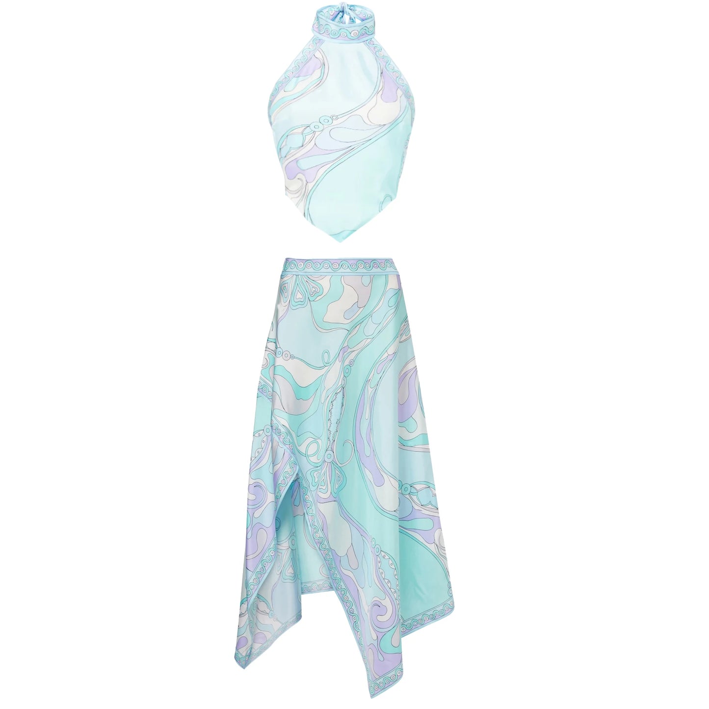 Women's Print Two Piece Skirt  Halter Beach Dress  Bra High Waist A-line Long Skirt Suit Summer  Set