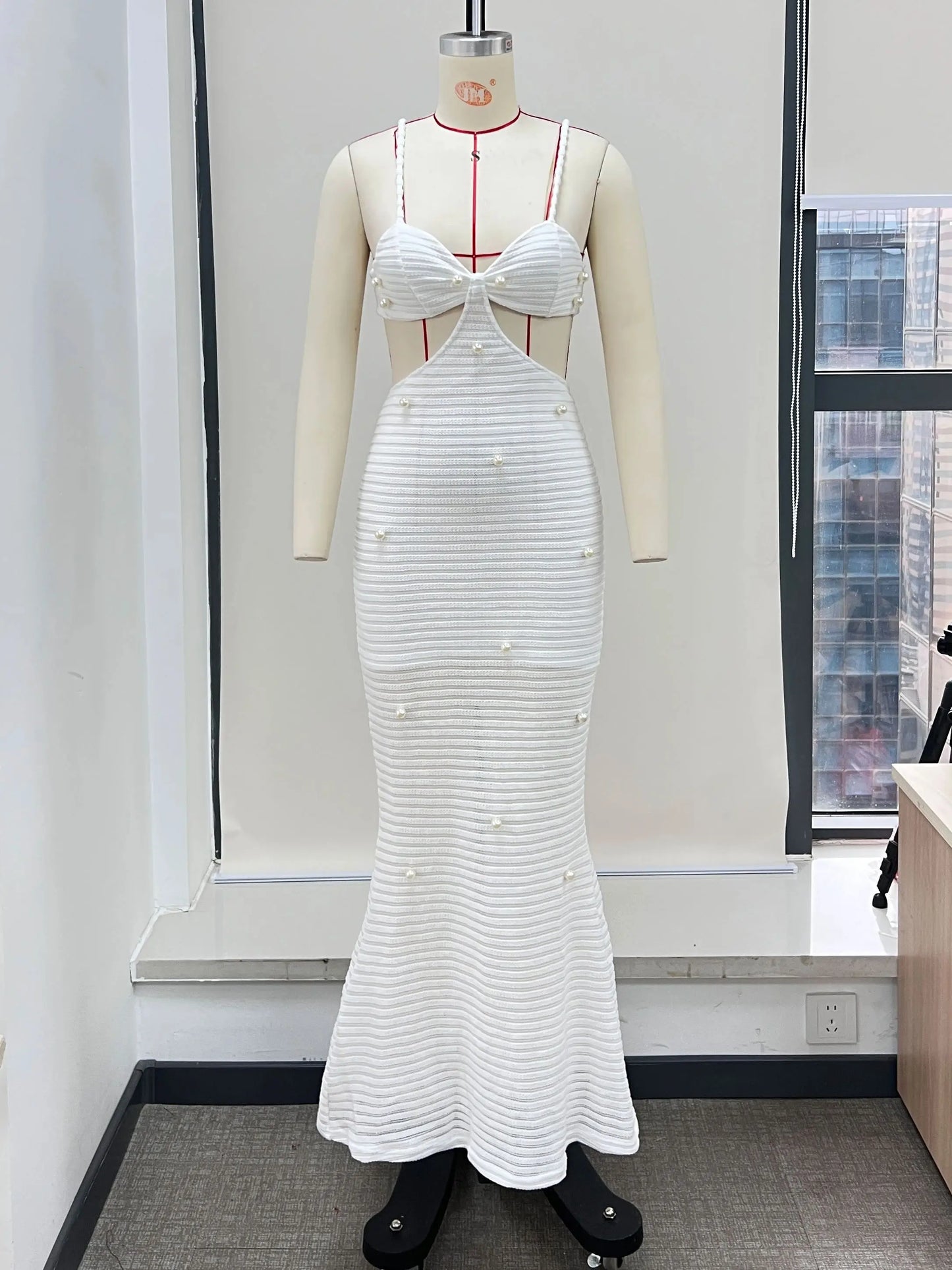 Crochet Knit Maxi Dress with Pearl Details - Summer Beach Cover-Up