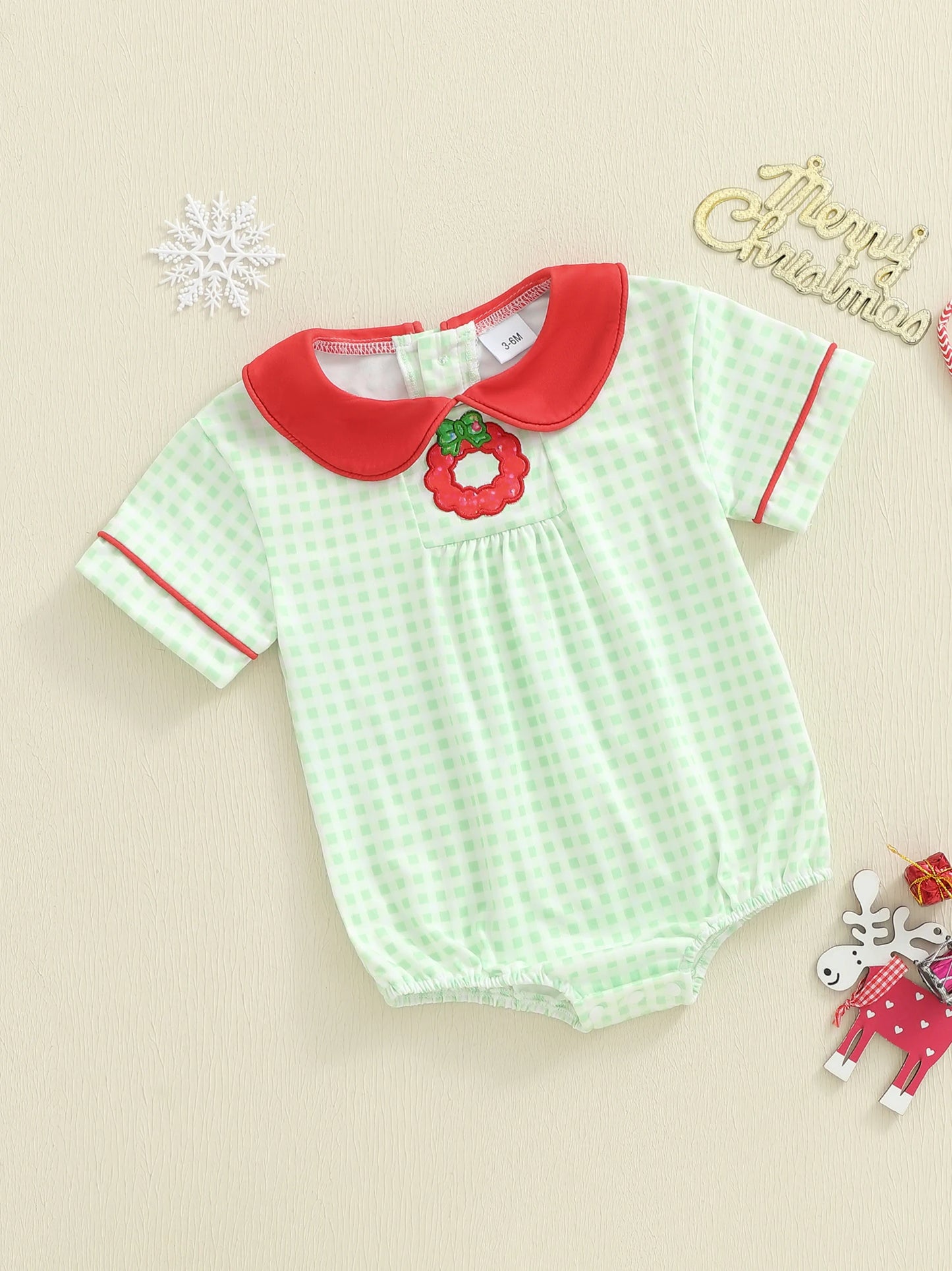 Baby Girls Plaid Romper - Wreath Embroidery Short Sleeve Doll Collar Bubble Jumpsuit