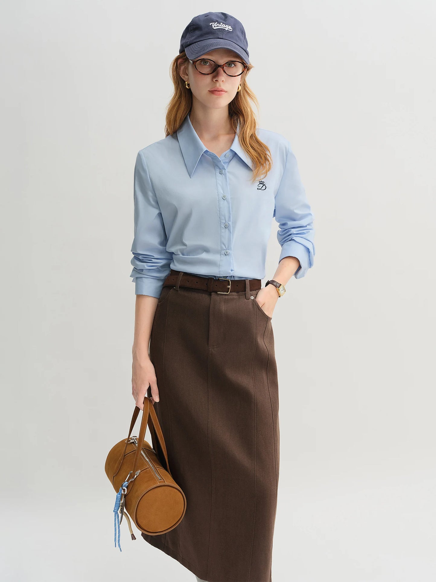 Pleated Tie-Waist Shirt & A-Line Skirt Suit - Tricolour Two-Piece