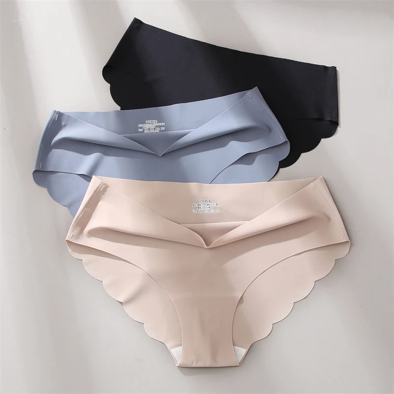 Women's 3Pcs/set Seamless Ice Silk Briefs Wavy Edge Underwear High Elasticity Lingerie