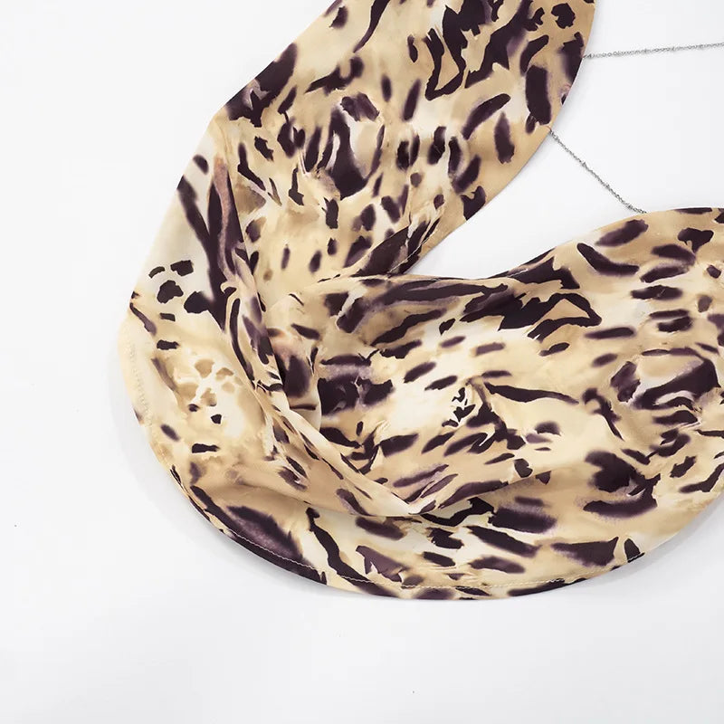 Women's Leopard Print Draped Cami Top - Deep V Neck Chain Detail Backless Crop Top