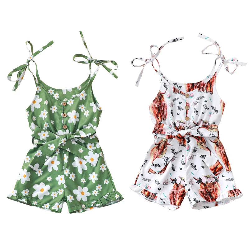 1-5Y Girl Summer Jumpsuits -  Shorts Western Cow/Flowers Print Sleeveless V Neck Button Overalls with Belt