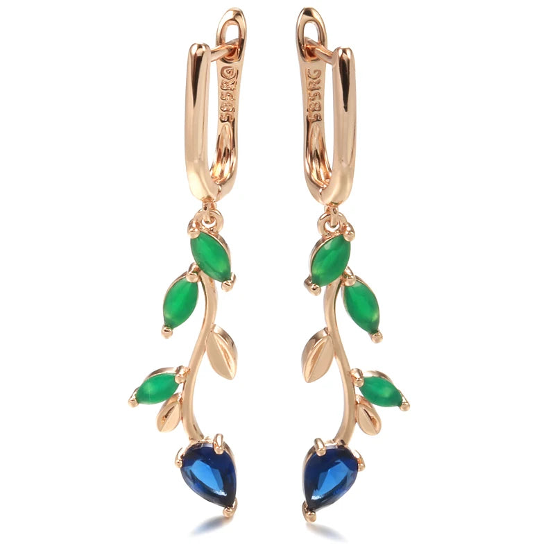 Women's 585 Rose Gold With Shiny Green Natural Zircon Long Leaf Drop Earrings