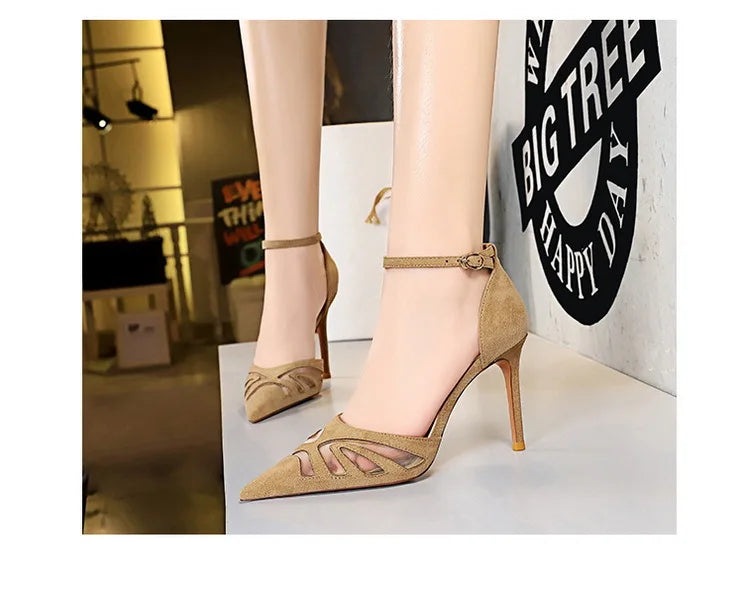 Women's Mesh Hollow Suede High Heels Stiletto Shoes