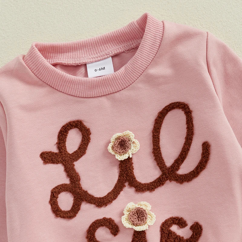 0-4Y Kids Girls Long Sleeve Letter Flower Embroidery Sweatshirt Top Drawstring Pants