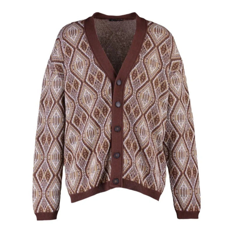 Men's Diamond Pattern V Neck Button Off-Shoulder Knitwear Cardigan